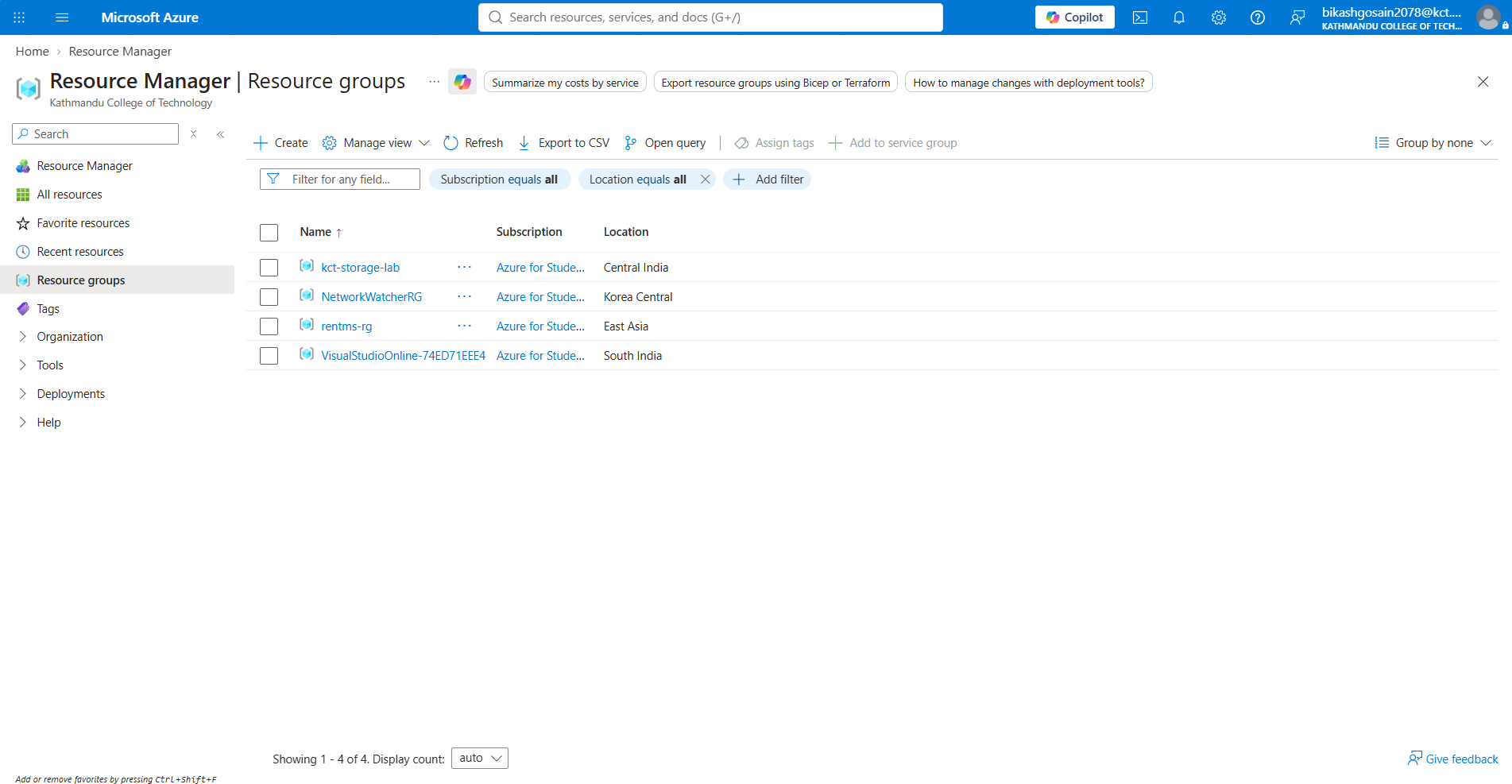 RentMS Azure resource group